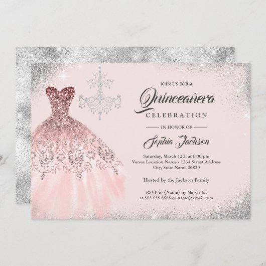 Rose Gold Diamond Lace Gown Quinceanera Einladung (Vorne/Hinten)