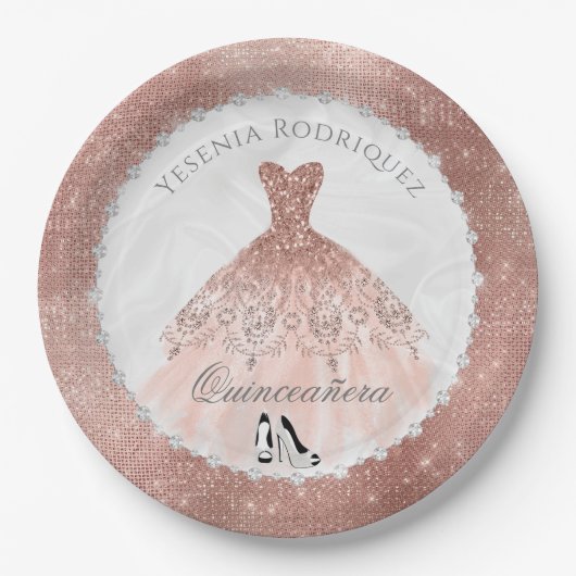 Rose Gold Diamond Sparkle Glam Quinceañera Pappteller (Vorderseite)