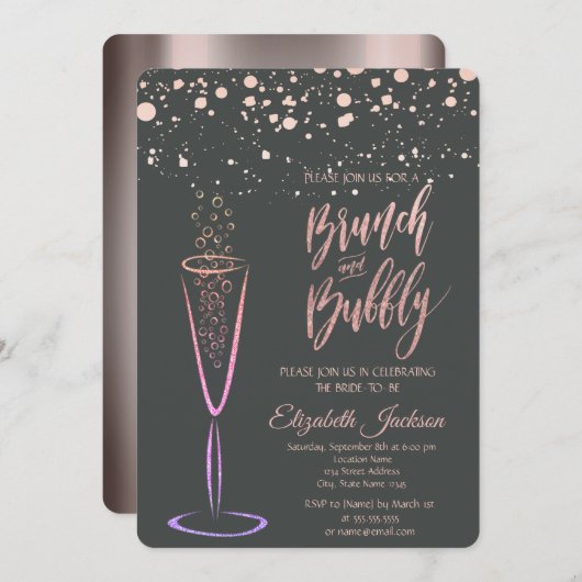 Rose Gold Dots Champagner Glass Brautparty Einladung (Vorne/Hinten)