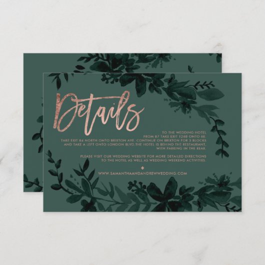 Rose Gold Drehbuch Blumengrün Hochzeitsrichtung Begleitkarte (Vorne/Hinten)