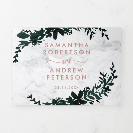 Rose Gold Drehbuch Blumenmarmor Hochzeit Dreifach Gefaltete Einladung (Cover)