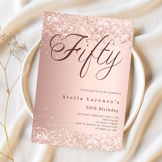 Rose Gold Drehbuch elegante Konfetti 50. Geburtsta Einladung