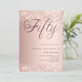 Rose Gold Drehbuch elegante Konfetti 50. Geburtsta Einladung (Stehend Vorderseite)