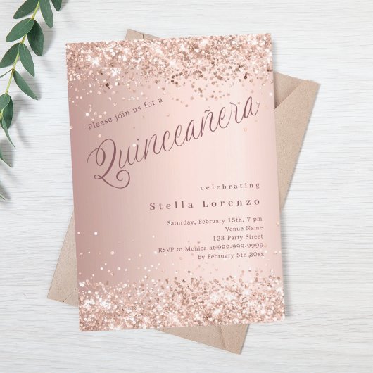 Rose Gold Drehbuch eleganter Luxus Quinceanera Einladung