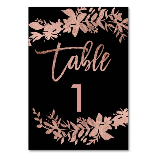 Rose Gold Drehbuch Floral Black Hochzeit Tischnumm Tischnummer (Vorderseite)