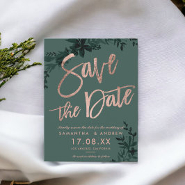 Rose Gold Drehbuch Floral green Save the Date Ankündigungspostkarte