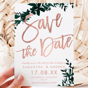 Rose Gold Drehbuch Floral green Save the Date weiß Ankündigungspostkarte