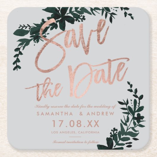 Rose Gold Drehbuch Floral grün Save the Date grau Rechteckiger Pappuntersetzer (Vorderseite)