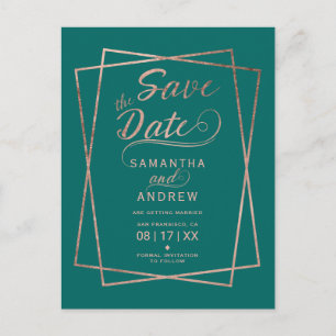Rose Gold Drehbuch geometrisch grün Save the Date Ankündigungspostkarte