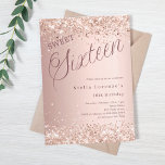 Rose Gold Drehbuch Glitzer Sweet 16 Einladung<br><div class="desc">Eine moderne süße 16 Einladung. Rose goldener Farbverlauf und das Wort Sechzehn mit großen Buchstaben geschrieben. Dekoriert mit Imitat Glitzer,  Glitzern. Personalisieren und fügen Sie einen Namen und Party-Details hinzu.</div>