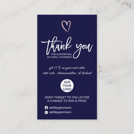 Rose Gold Drehbuch Herz Marine Logo Auftrag Vielen Visitenkarte (Vorderseite)