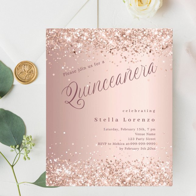 Rose Gold Drehbuch moderne Quinceanera Einladung (Von Creator hochgeladen)
