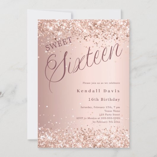 Rose Gold Drehbuch moderne Sweet 16 Einladung (Vorderseite)