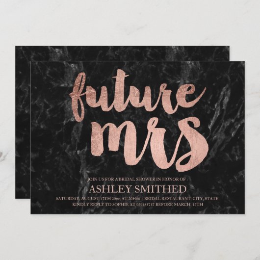 Rose Gold Drehbuch schwarzen Marmor Mrs. Brautpart Einladung (Vorne/Hinten)