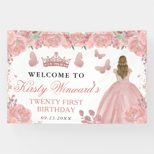 Rose Gold Dress Blonde Princess Floral Birthday Banner (Horizontal)