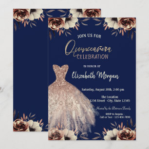 Rose Gold Dress Blume Navy Blue Quinceañera Einladung
