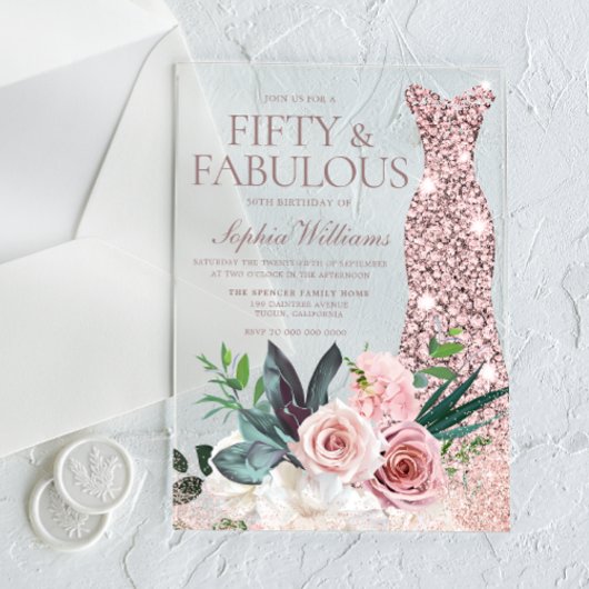 Rose Gold Dress Blush Blumenfrauen 50. Geburtstag Acryleinladungen