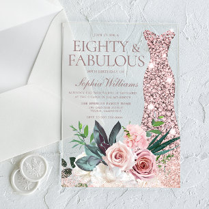 Rose Gold Dress Blush Floral 80. Geburtstagsparty Acryleinladungen