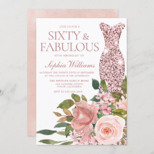 Rose Gold Dress & Blush Pink Blume 60. Geburtstag Einladung