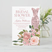 Rose Gold Dress & Blush Pink Blume Brautparty Einladung (Stehend Vorderseite)