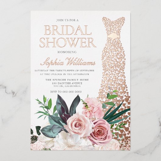 Rose Gold Dress Blush Rosa Brautparty Folieneinladung (Vorderseite)