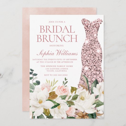 Rose Gold Dress Blush Weißes Brautparty Brunch Einladung (Vorne/Hinten)