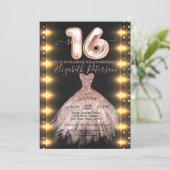 Rose Gold Dress Confetti Lights Sweet 16 Einladung (Stehend Vorderseite)
