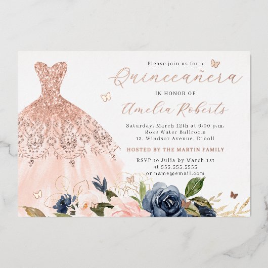 Rose Gold Dress Elegante Blumenschmetterling Folieneinladung (Vorderseite)