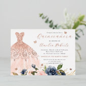 Rose Gold Dress Elegante Blumenschmetterling Folieneinladung (Stehend vorne)