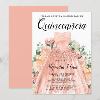 Rose Gold Dress Floral Quinceanera Spanisch Einladung