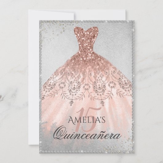 Rose Gold Dress Silver Sparkle 15. Quinceanera Einladung (Vorderseite)