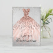 Rose Gold Dress Silver Sparkle 15. Quinceanera Einladung (Stehend Vorderseite)