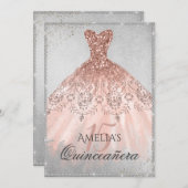 Rose Gold Dress Silver Sparkle 15. Quinceanera Einladung (Vorne/Hinten)