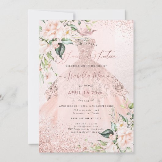 Rose Gold Dress Sweet 16 Wasserfarben Blume Einladung (Rückseite)