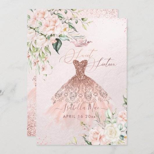 Rose Gold Dress Sweet 16 Wasserfarben Blume Einladung (Vorne/Hinten)