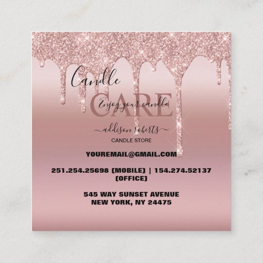 Rose Gold Drilling Glitzer Candle Care Quadratische Visitenkarte (Rückseite)