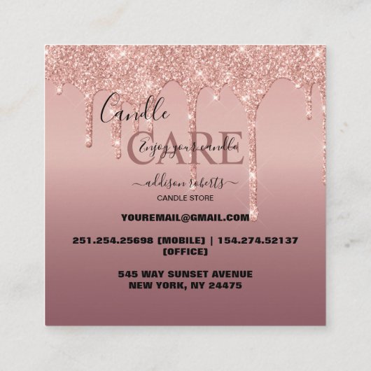 Rose Gold Drilling Glitzer Candle Care Quadratische Visitenkarte (Rückseite)
