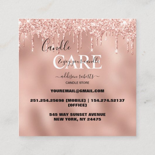 Rose Gold Drilling Glitzer Candle Care Square Quadratische Visitenkarte (Rückseite)