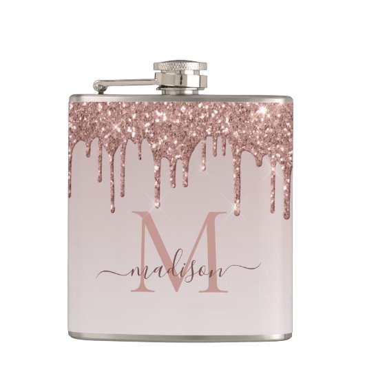Rose Gold Drilling Glitzer Modernes Sparkle Monogr Flachmann (Vorderseite)
