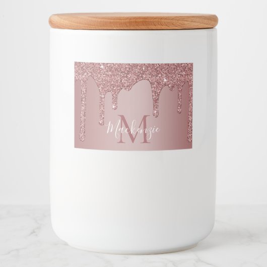 Rose Gold Drilling Glitzer Monogram Lebensmitteletikett (Vorderseite)