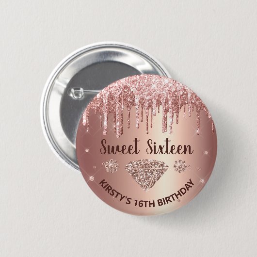 Rose Gold Dripping Glitzer & Diamond Sweet 16 Button (Vorne & Hinten)
