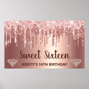 Rose Gold Dripping Glitzer & Diamond Sweet 16 Poster