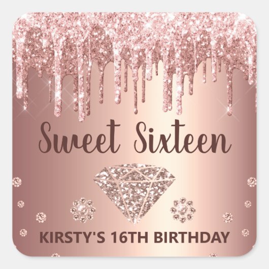 Rose Gold Dripping Glitzer & Diamond Sweet 16 Quadratischer Aufkleber (Vorderseite)