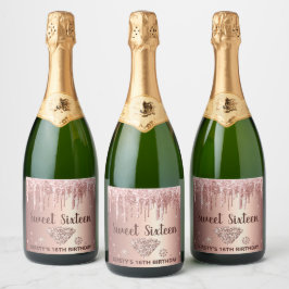 Rose Gold Dripping Glitzer & Diamond Sweet 16 Schaumweinetikett