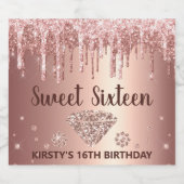 Rose Gold Dripping Glitzer & Diamond Sweet 16 Schaumweinetikett (Einzelnes Label)
