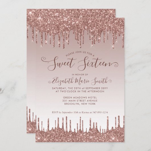 Rose Gold Dripping Glitzer Glam Sweet 16 Birthday Einladung (Vorne/Hinten)