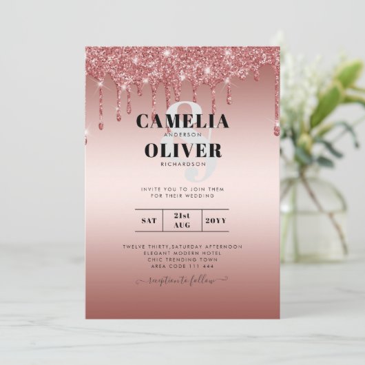 Rose Gold Dripping Glitzer Moderne Hochzeit Einlad Einladung (Stehend Vorderseite)