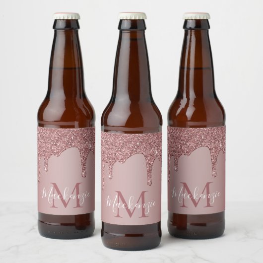 Rose Gold Dripping Glitzer Monogram Bierflaschenetikett (Flaschen)