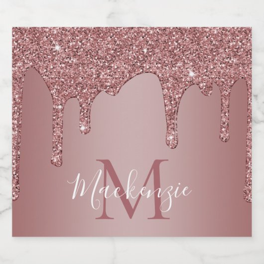 Rose Gold Dripping Glitzer Monogram Bierflaschenetikett (Einzelnes Label)