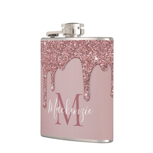 Rose Gold Dripping Glitzer Monogram Flachmann (Links)
